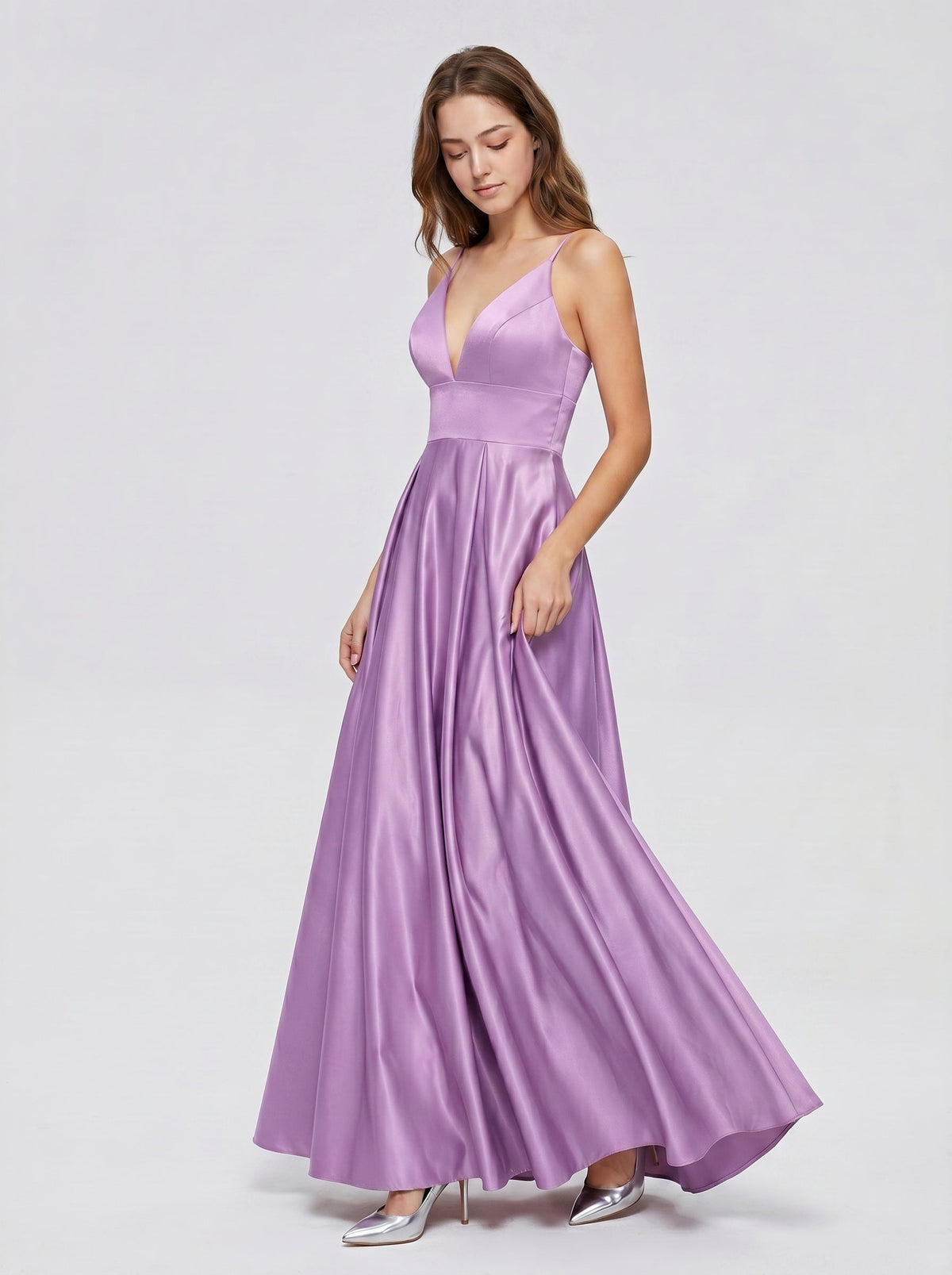 Wisteria Satin A-Line V-Neck Back Zip Floor-Length Bridesmaid Dress - Curvevia