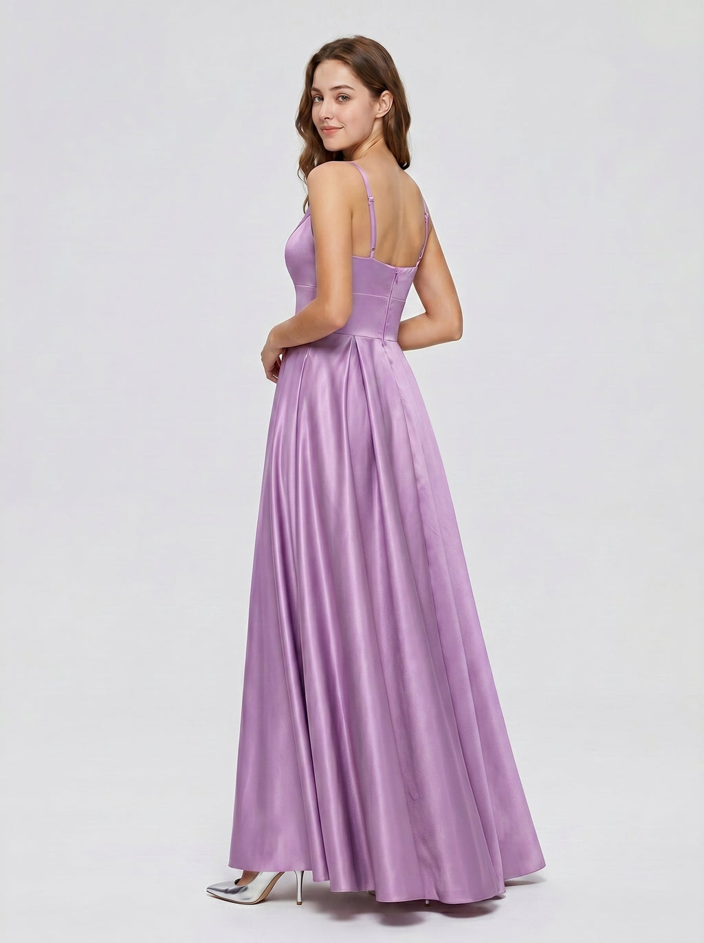 Wisteria Satin A-Line V-Neck Back Zip Floor-Length Bridesmaid Dress - Curvevia