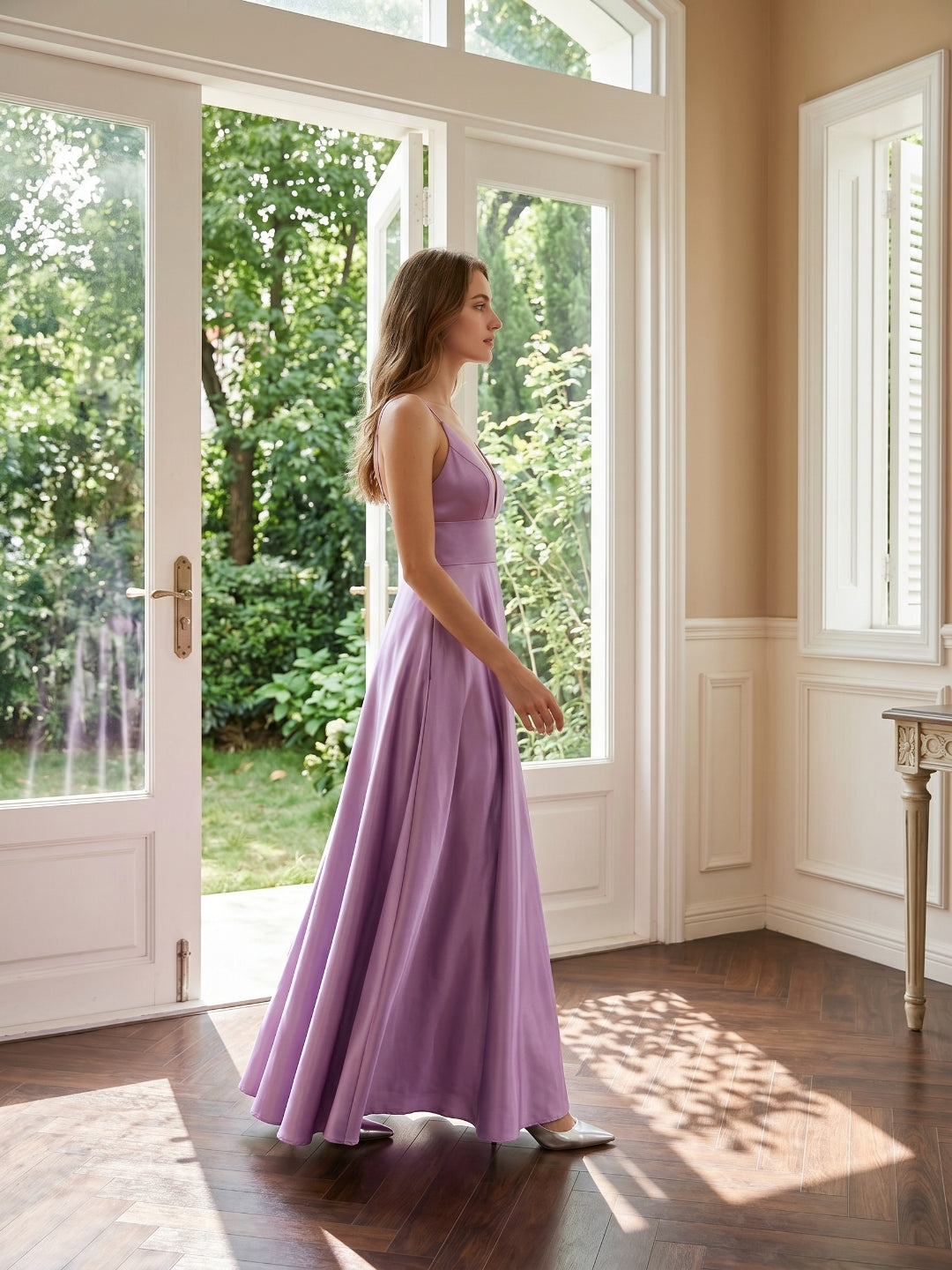 Wisteria Satin A-Line V-Neck Back Zip Floor-Length Bridesmaid Dress - Curvevia