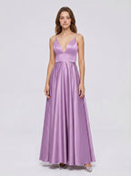 Wisteria Satin A-Line V-Neck Back Zip Floor-Length Bridesmaid Dress - Curvevia