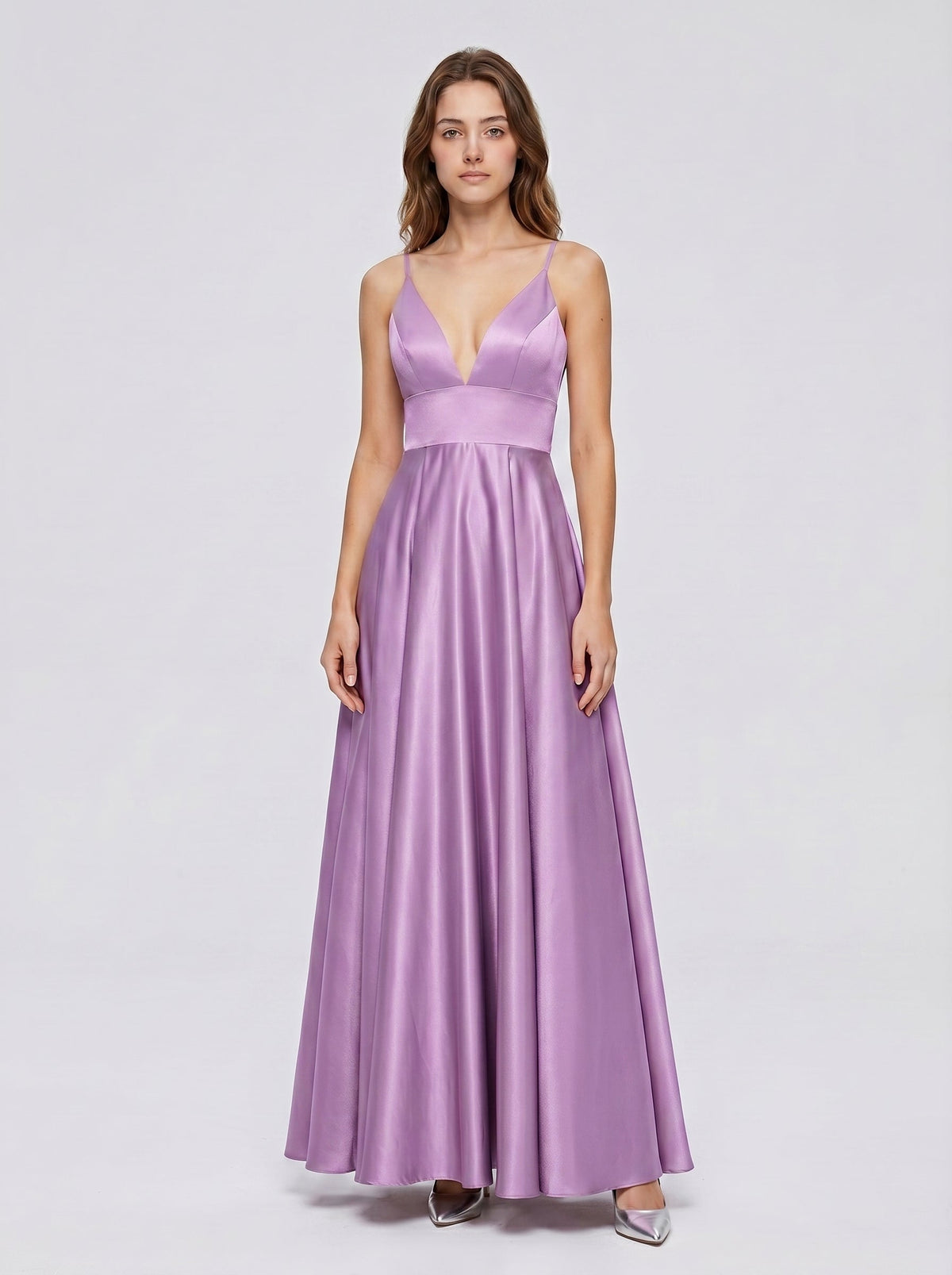 Wisteria Satin A-Line V-Neck Back Zip Floor-Length Bridesmaid Dress - Curvevia