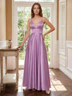 Wisteria Satin A-Line V-Neck Back Zip Floor-Length Bridesmaid Dress - Curvevia