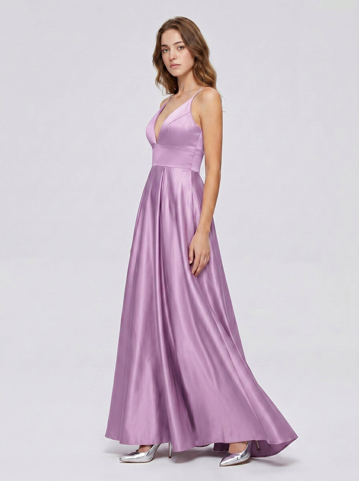 Wisteria Satin A-Line V-Neck Back Zip Floor-Length Bridesmaid Dress - Curvevia