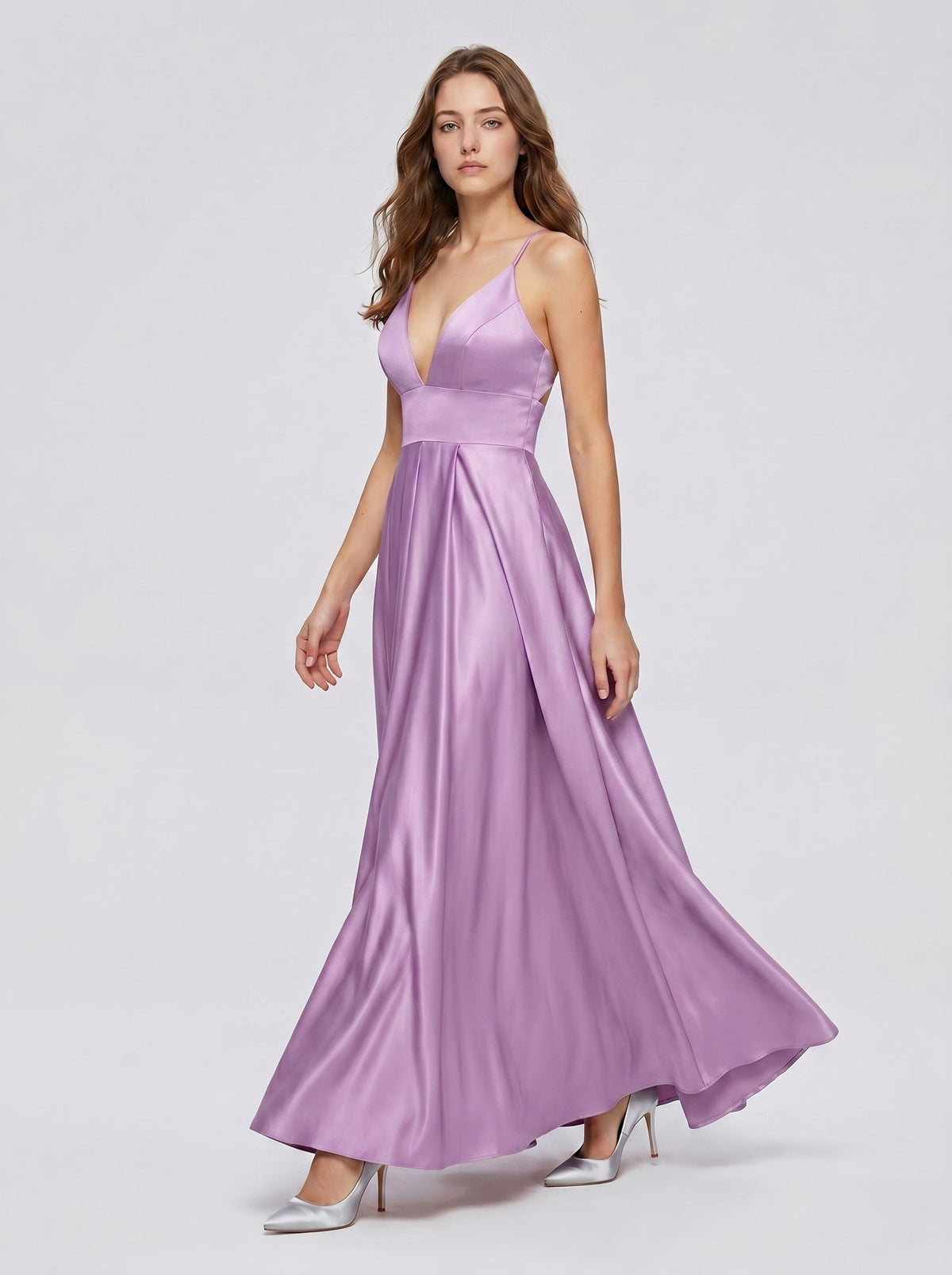 Wisteria Satin A-Line V-Neck Back Zip Floor-Length Bridesmaid Dress - Curvevia