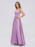 Wisteria Satin A-Line V-Neck Back Zip Floor-Length Bridesmaid Dress - Curvevia