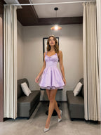 Wisteria Satin A-Line V-Neck Backless Short Homecoming Dress with Bow - Curvevia