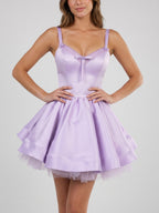 Wisteria Satin A-Line V-Neck Backless Short Homecoming Dress with Bow - Curvevia