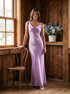Wisteria Satin Mermaid Cowl Neck Backless Floor-Length Bridesmaid Dress - Curvevia