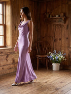 Wisteria Satin Mermaid Cowl Neck Backless Floor-Length Bridesmaid Dress - Curvevia