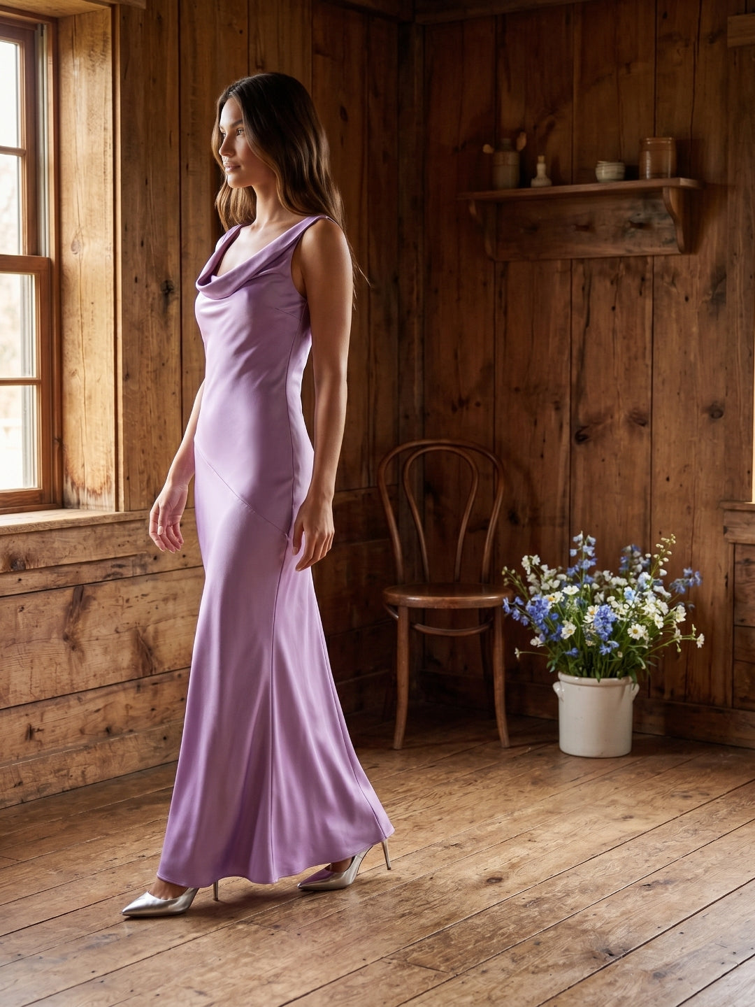 Wisteria Satin Mermaid Cowl Neck Backless Floor-Length Bridesmaid Dress - Curvevia