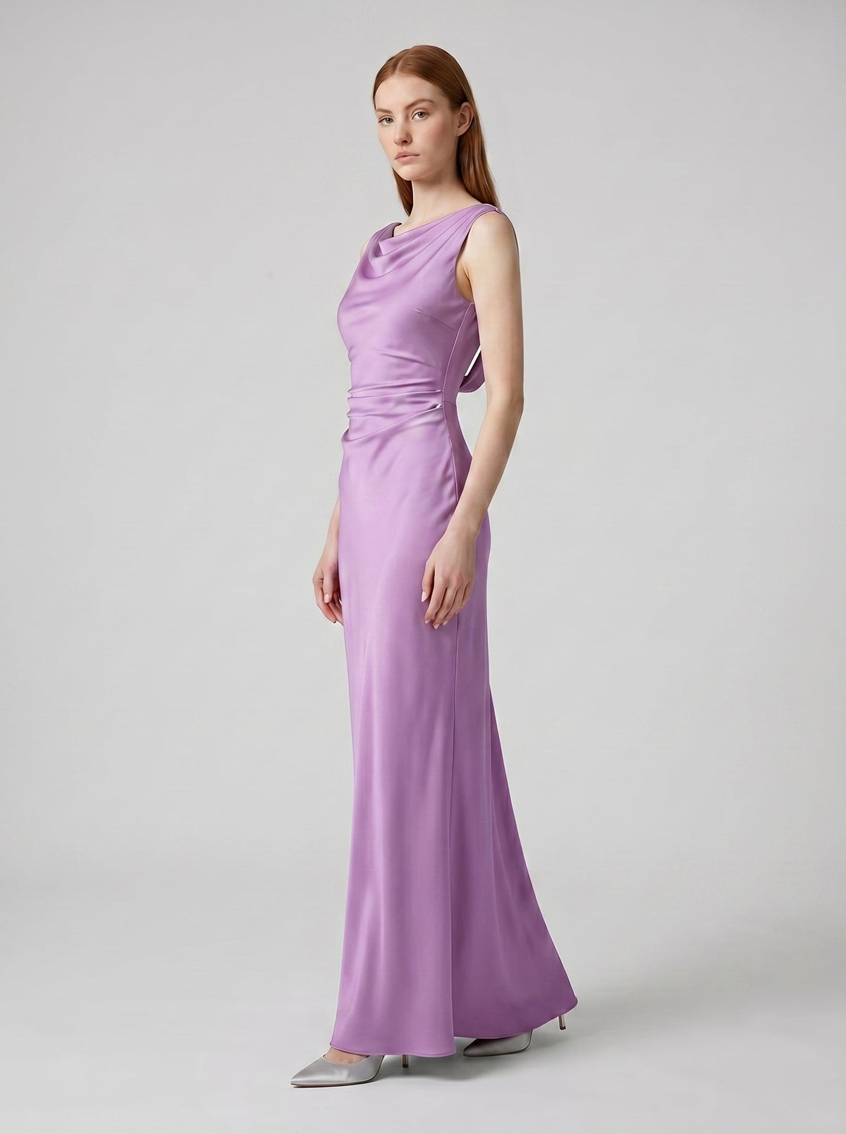 Wisteria Satin Trumpet Cowl Neck Back Zip Floor-Length Bridesmaid Dress - Curvevia