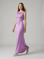 Wisteria Satin Trumpet Cowl Neck Back Zip Floor-Length Bridesmaid Dress - Curvevia