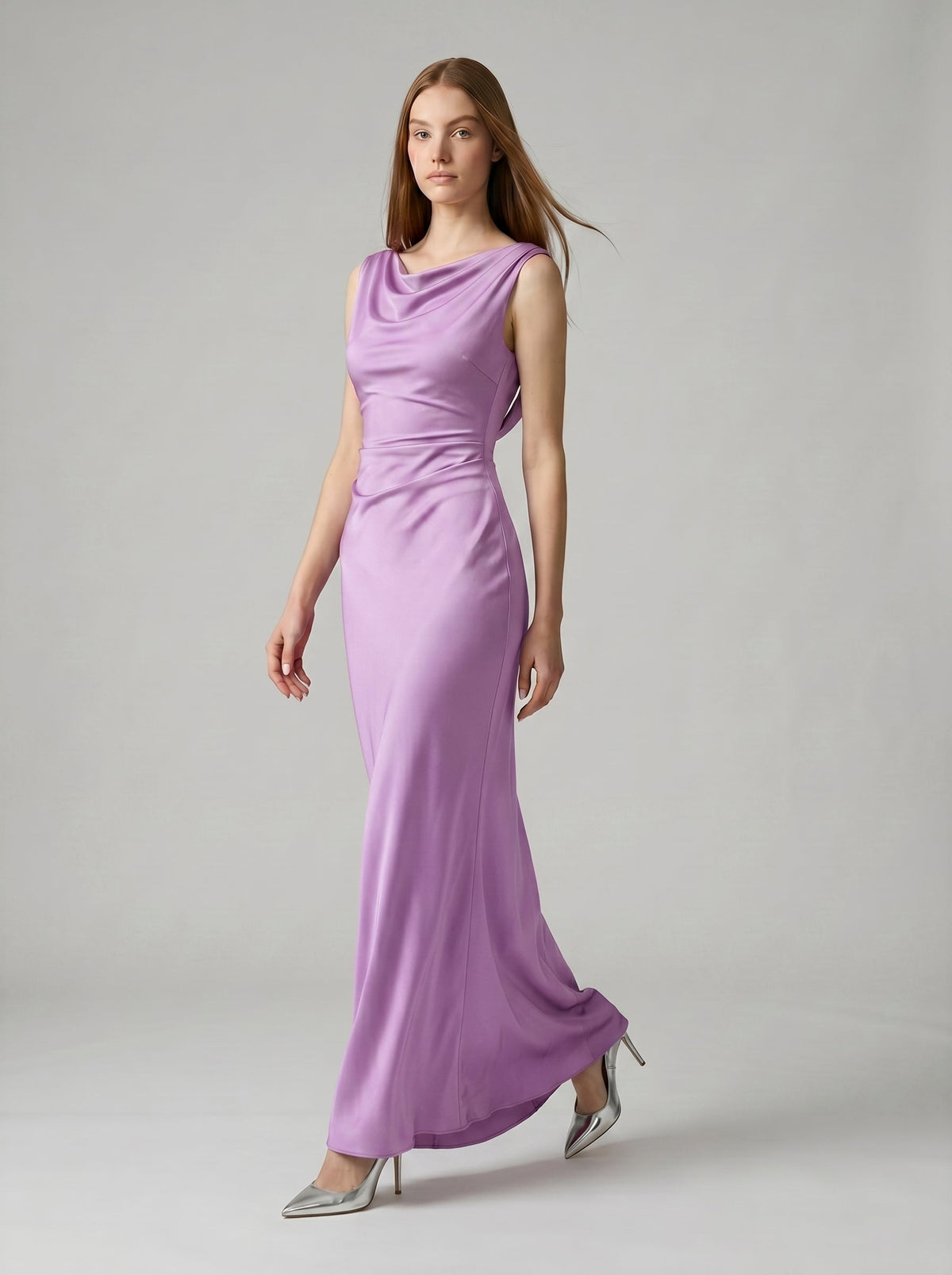 Wisteria Satin Trumpet Cowl Neck Back Zip Floor-Length Bridesmaid Dress - Curvevia