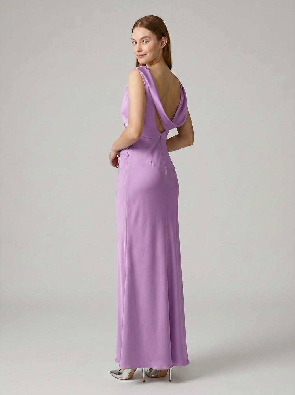 Wisteria Satin Trumpet Cowl Neck Back Zip Floor-Length Bridesmaid Dress - Curvevia