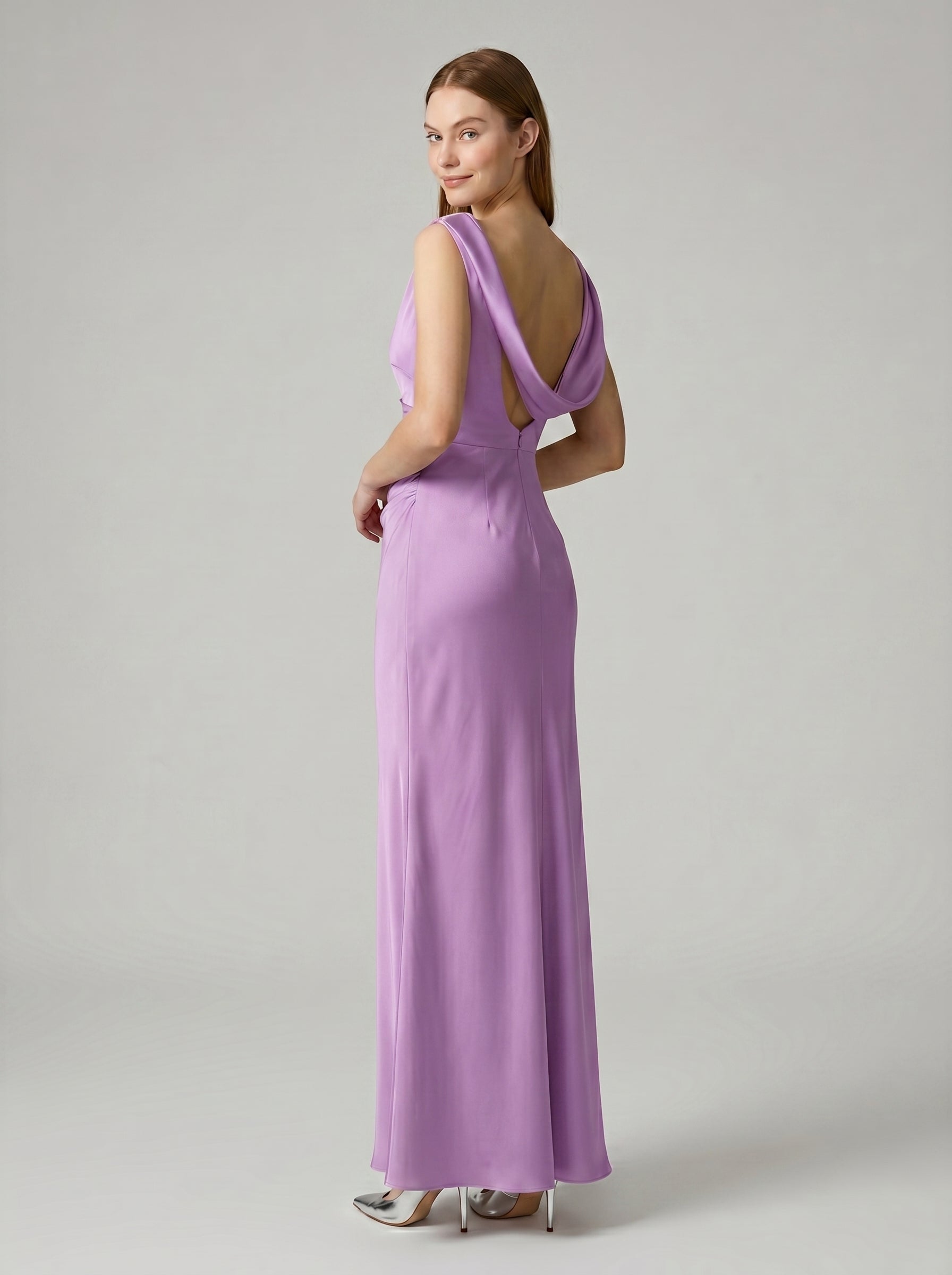 Wisteria Satin Trumpet Cowl Neck Back Zip Floor-Length Bridesmaid Dress - Curvevia