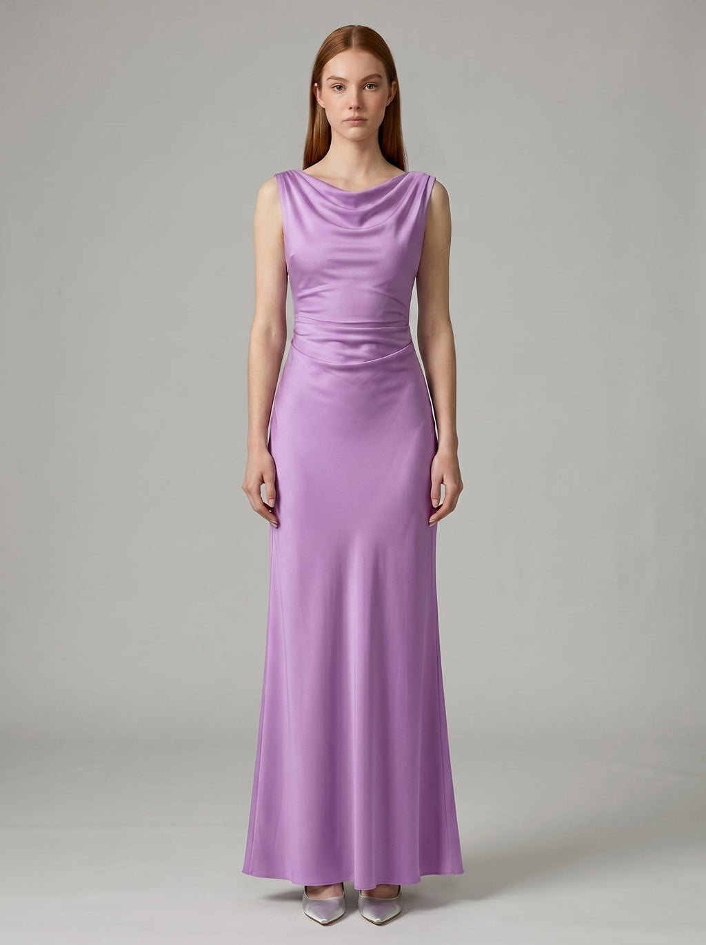 Wisteria Satin Trumpet Cowl Neck Back Zip Floor-Length Bridesmaid Dress - Curvevia