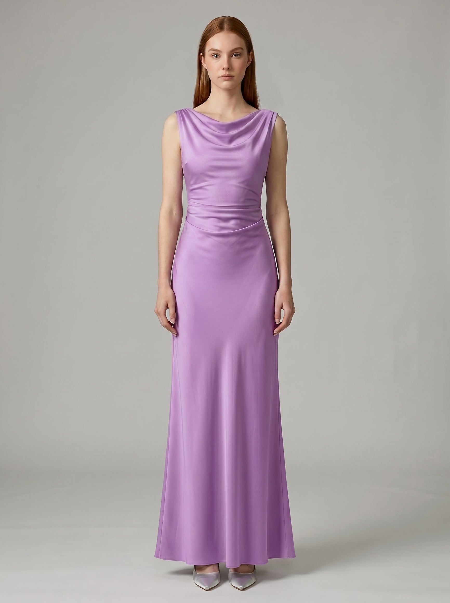 Wisteria Satin Trumpet Cowl Neck Back Zip Floor-Length Bridesmaid Dress - Curvevia