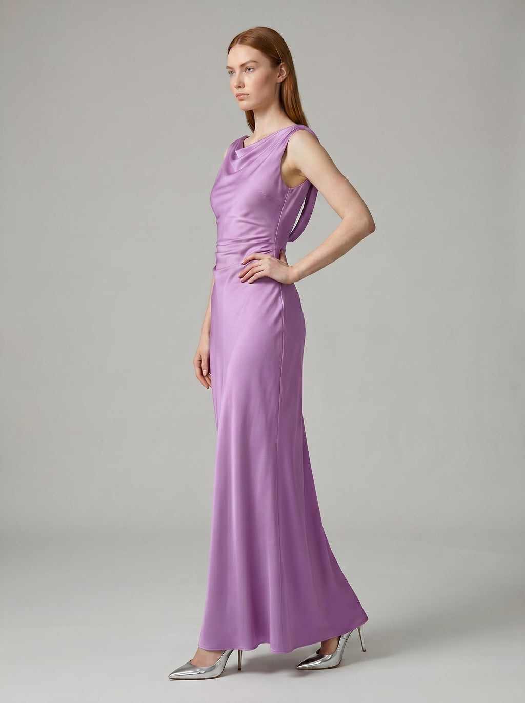 Wisteria Satin Trumpet Cowl Neck Back Zip Floor-Length Bridesmaid Dress - Curvevia