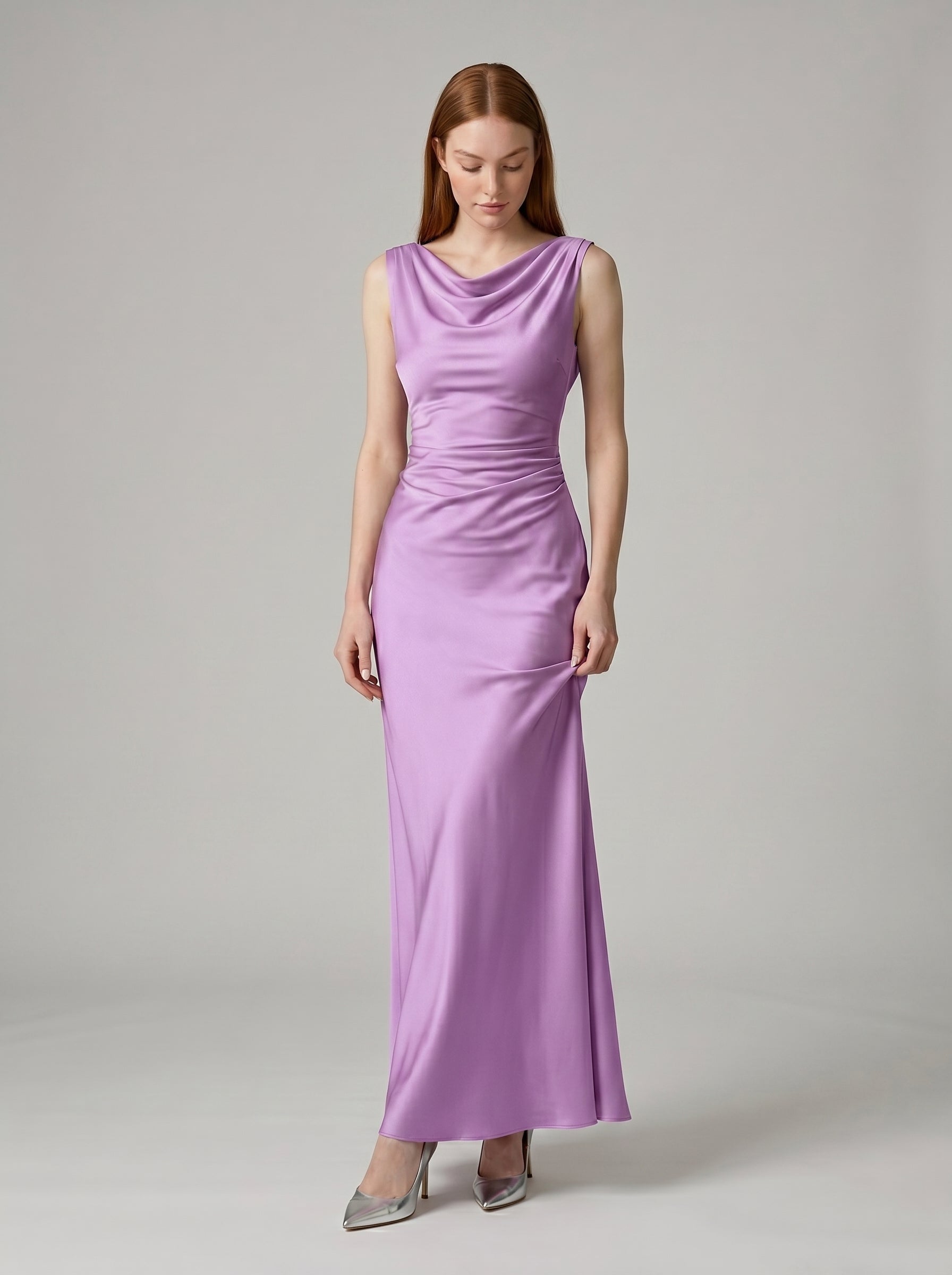 Wisteria Satin Trumpet Cowl Neck Back Zip Floor-Length Bridesmaid Dress - Curvevia