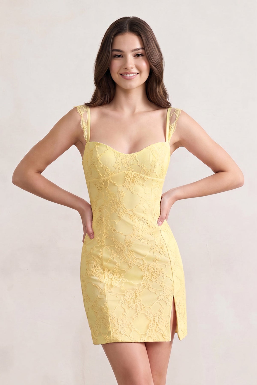 Sky Blue Scoop Neck Sheath Lace Short Homecoming Dress With Slit - Curvevia