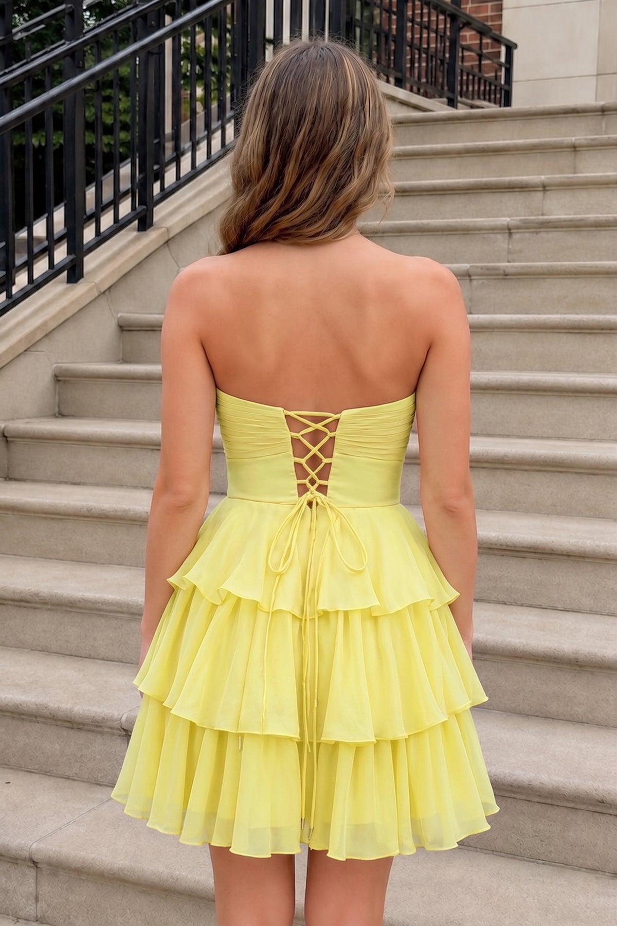 Fuchsia Strapless A Line Chiffon Ruffles Wedding Guest Dress With Flower - Curvevia