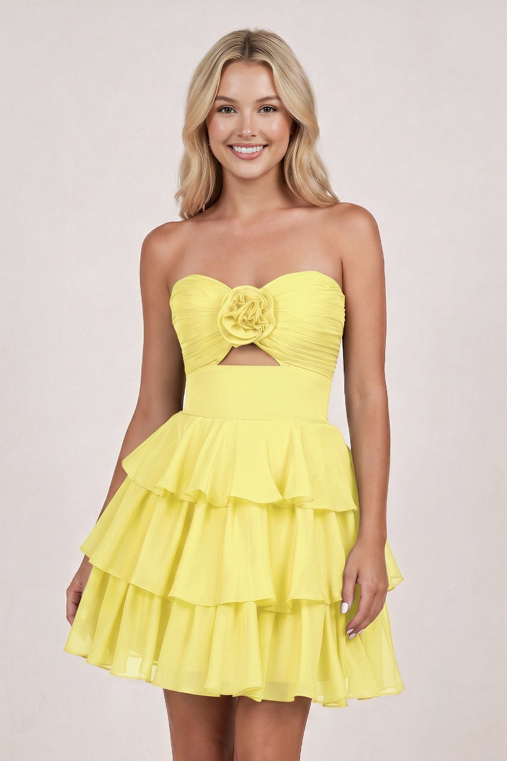 Fuchsia Strapless A Line Chiffon Ruffles Wedding Guest Dress With Flower - Curvevia