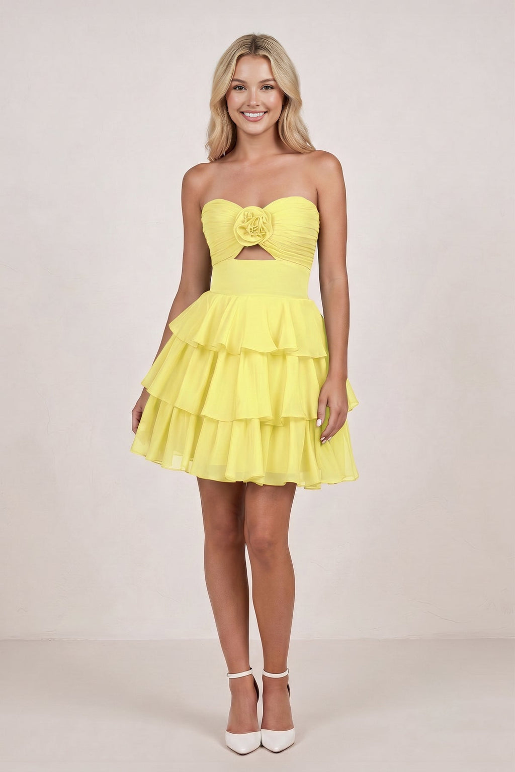 Fuchsia Strapless A Line Chiffon Ruffles Wedding Guest Dress With Flower - Curvevia