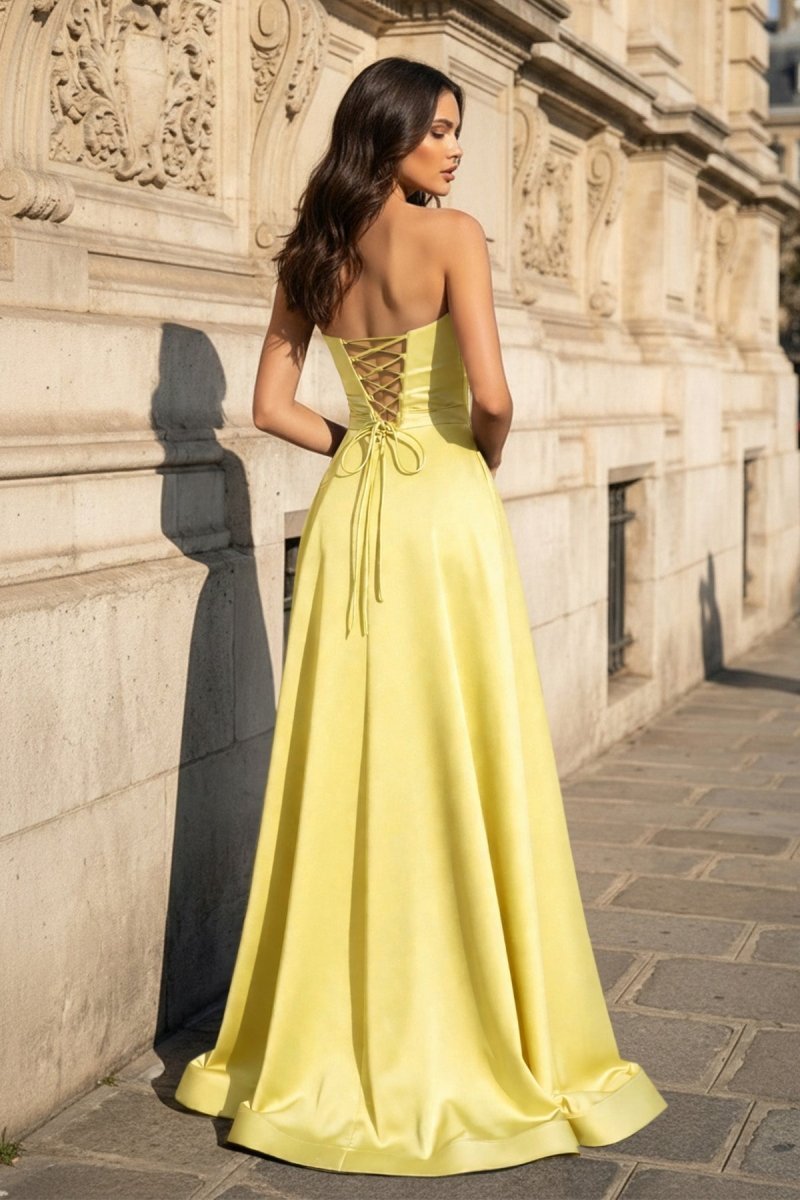 A Line Black Strapless Satin Evening Dress With Slit - Curvevia