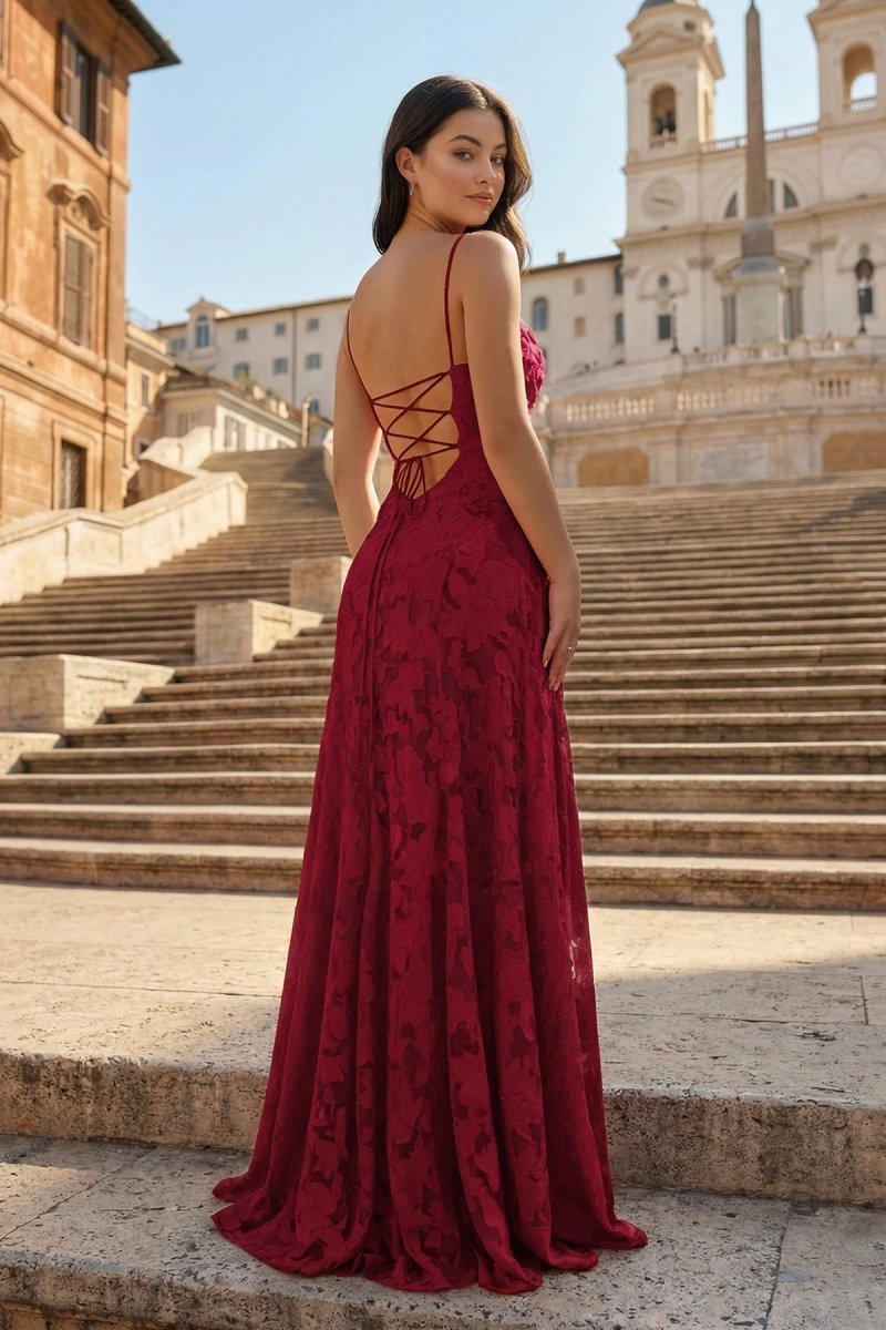 Pink A-Line Lace Floral Spaghetti Straps Long Prom Dresses - Curvevia