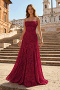 Pink A-Line Lace Floral Spaghetti Straps Long Prom Dresses - Curvevia
