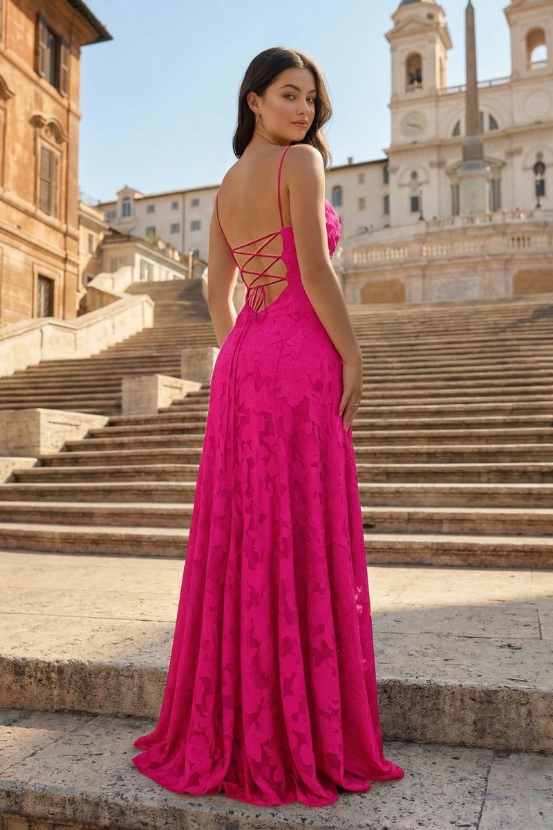 Pink A-Line Lace Floral Spaghetti Straps Long Prom Dresses - Curvevia