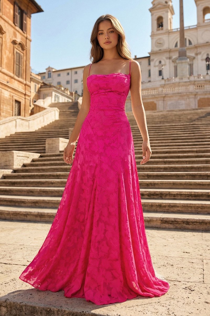 Pink A-Line Lace Floral Spaghetti Straps Long Prom Dresses - Curvevia