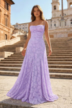 Pink A-Line Lace Floral Spaghetti Straps Long Prom Dresses - Curvevia