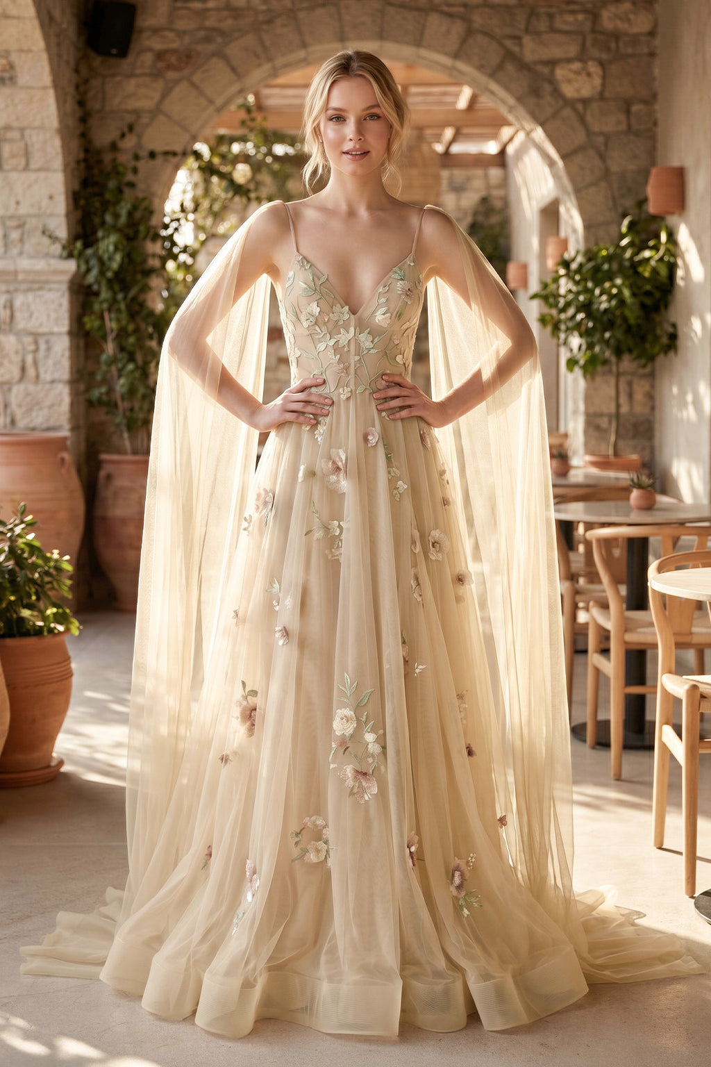 A-line 3D Flower Colorful V Neck Tulle Forest Wedding Dresses - Curvevia