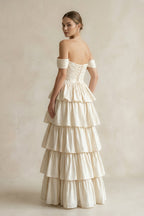 A-Line Beige Multi-Tiered Ruffles Wedding Dresses - Curvevia