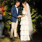 A-Line Beige Multi-Tiered Ruffles Wedding Dresses - Curvevia