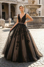 A Line Black V Neck Lace Long Evening Dress - Curvevia