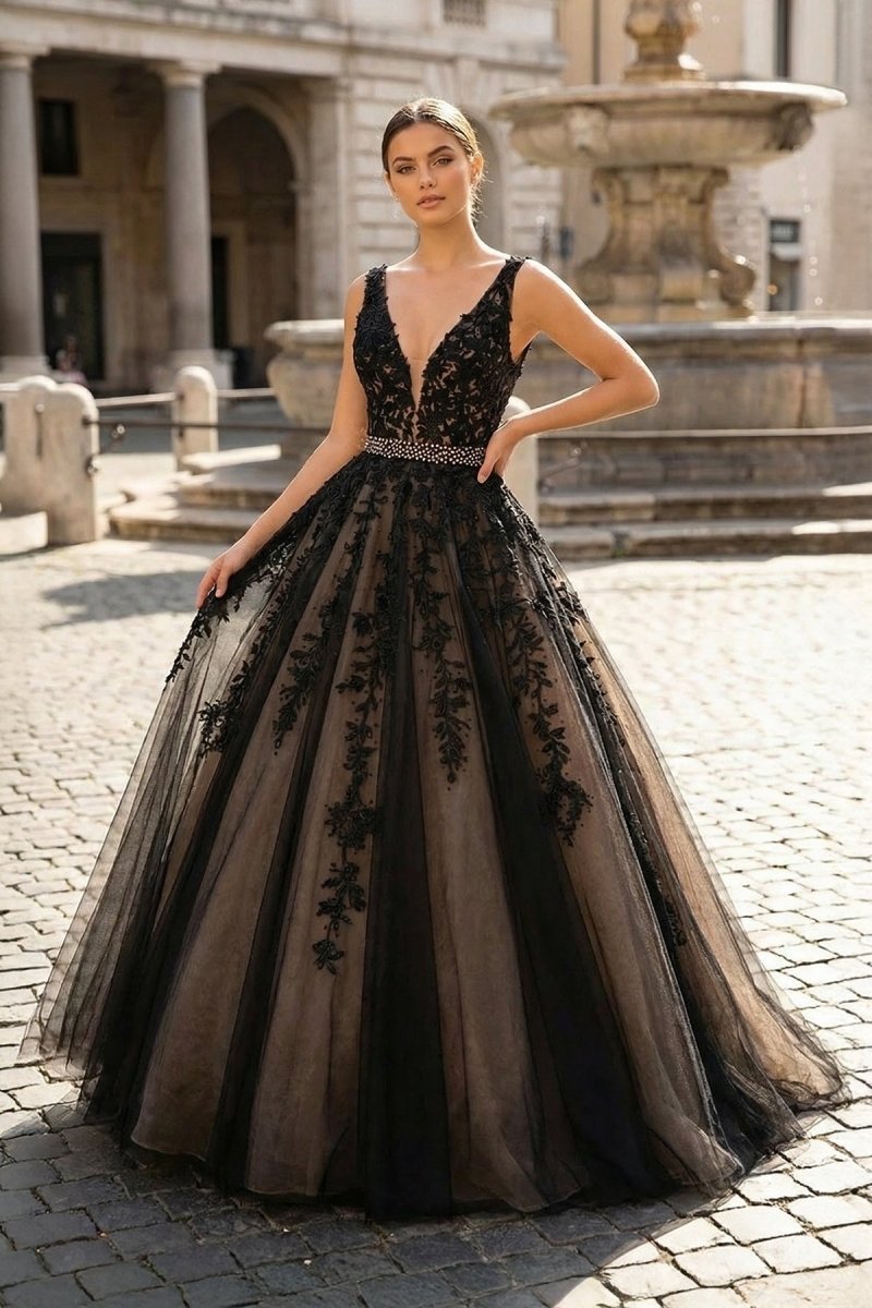 A Line Black V Neck Lace Long Evening Dress - Curvevia