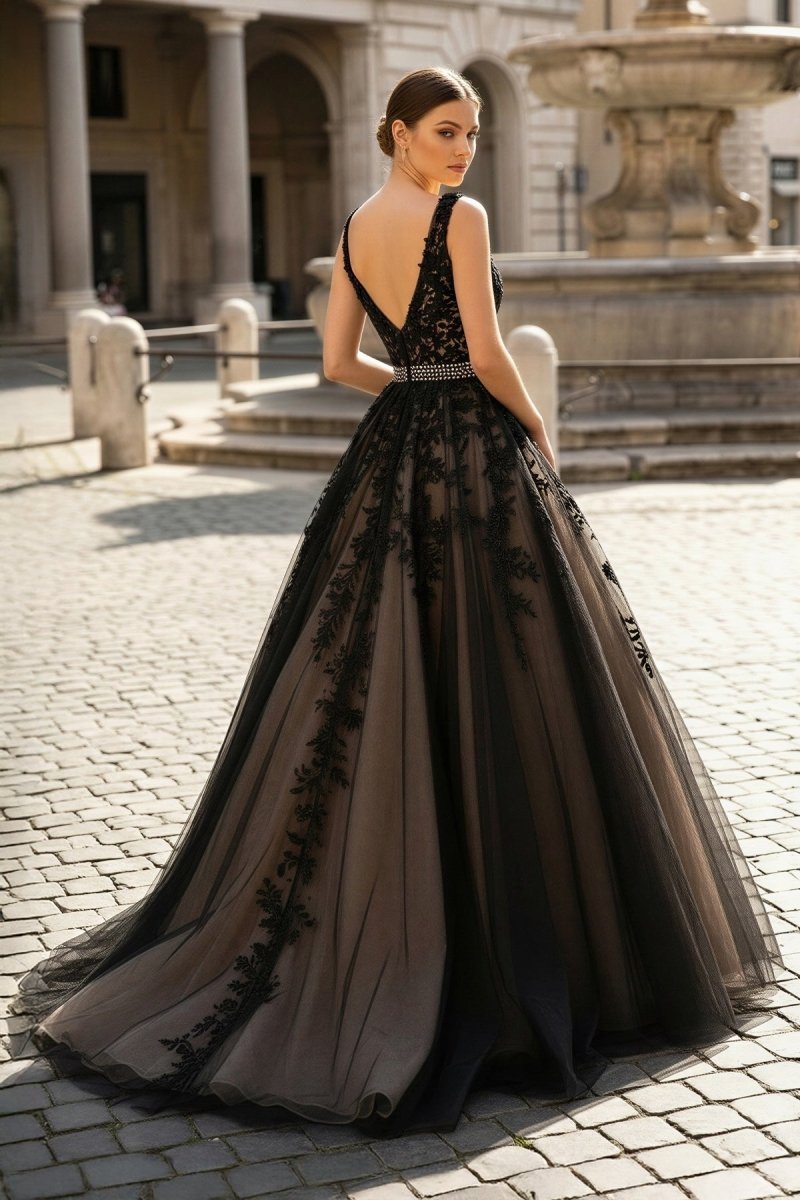 A Line Black V Neck Lace Long Evening Dress - Curvevia