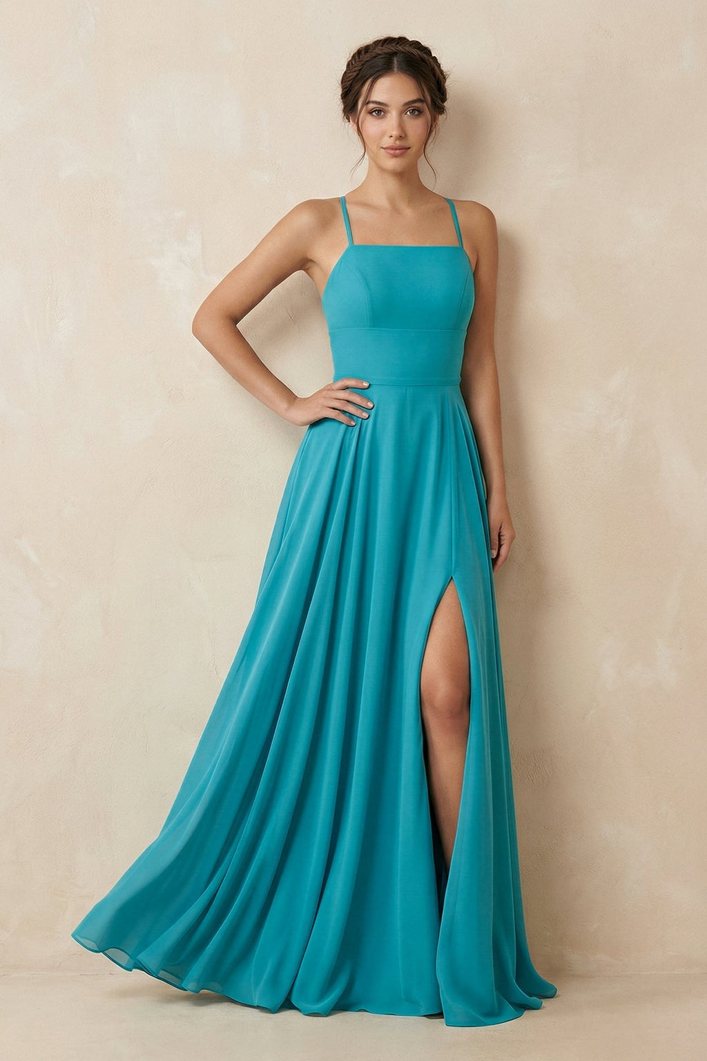 A-Line Chiffon Mother of the Bride Dress With Slit in Blue Jay - Curvevia