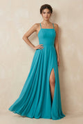 A-Line Chiffon Mother of the Bride Dress With Slit in Blue Jay - Curvevia