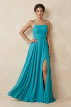 A-Line Chiffon Mother of the Bride Dress With Slit in Blue Jay - Curvevia