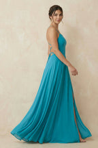 A-Line Chiffon Mother of the Bride Dress With Slit in Blue Jay - Curvevia