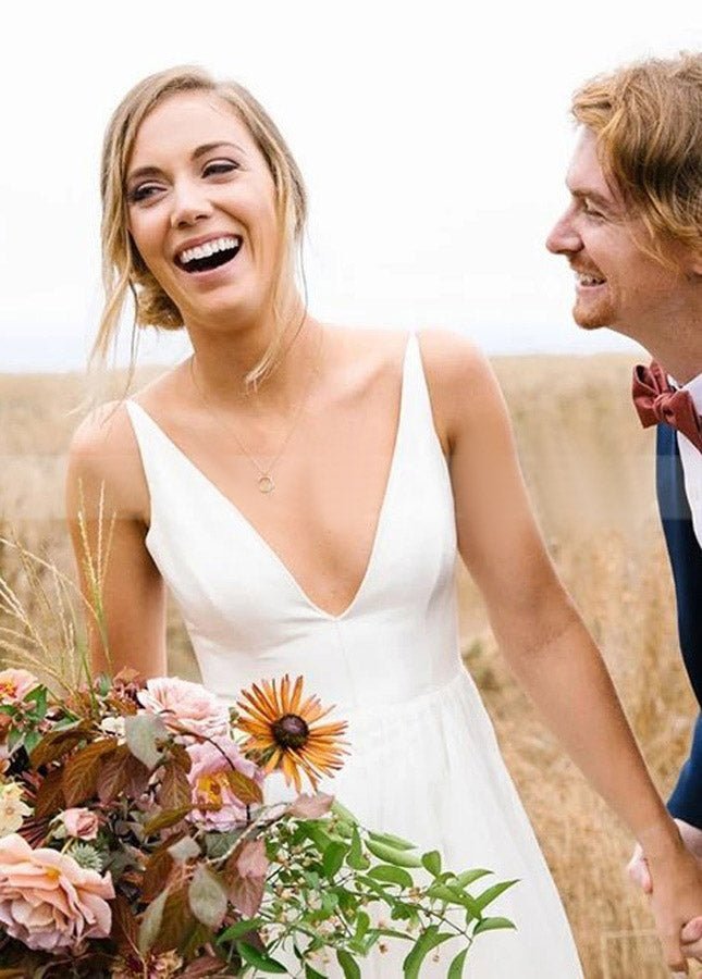 A Line Sleeveless Chiffon Deep V Neck Simple Long Beach Wedding Dress - Curvevia