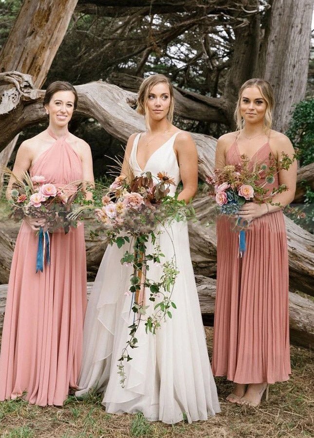 A Line Sleeveless Chiffon Deep V Neck Simple Long Beach Wedding Dress - Curvevia