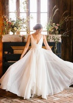 A Line Sleeveless Chiffon Deep V Neck Simple Long Beach Wedding Dress - Curvevia
