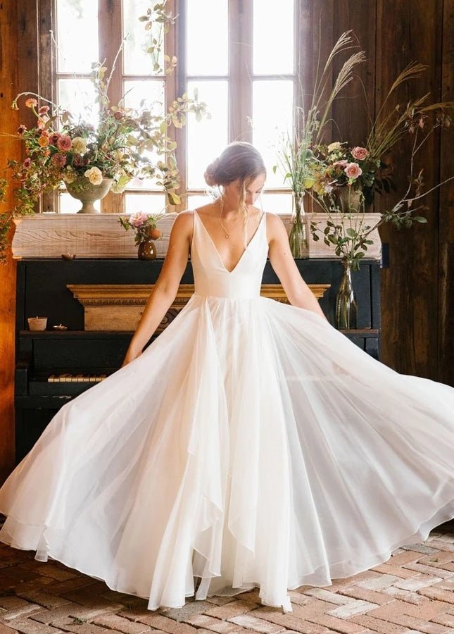 A Line Sleeveless Chiffon Deep V Neck Simple Long Beach Wedding Dress - Curvevia