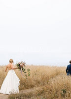 A Line Sleeveless Chiffon Deep V Neck Simple Long Beach Wedding Dress - Curvevia