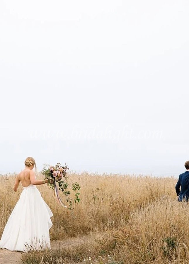 A Line Sleeveless Chiffon Deep V Neck Simple Long Beach Wedding Dress - Curvevia