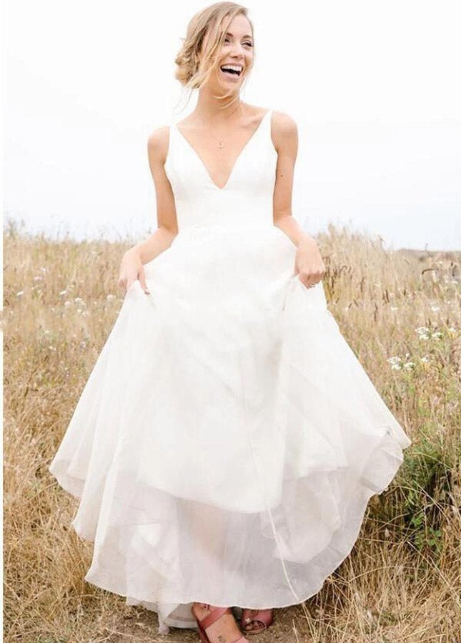 A Line Sleeveless Chiffon Deep V Neck Simple Long Beach Wedding Dress - Curvevia
